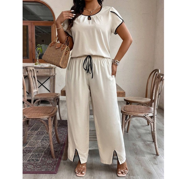 Plus Short Sleeve top Colorblock Wide Leg Lounge Pants Set - Picture 5 of 5